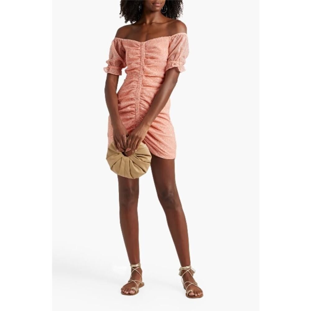 Walter Baker Beverly‎ Off-The-Shoulder Ruched Leopard-Print Crepe Mini Dress 10